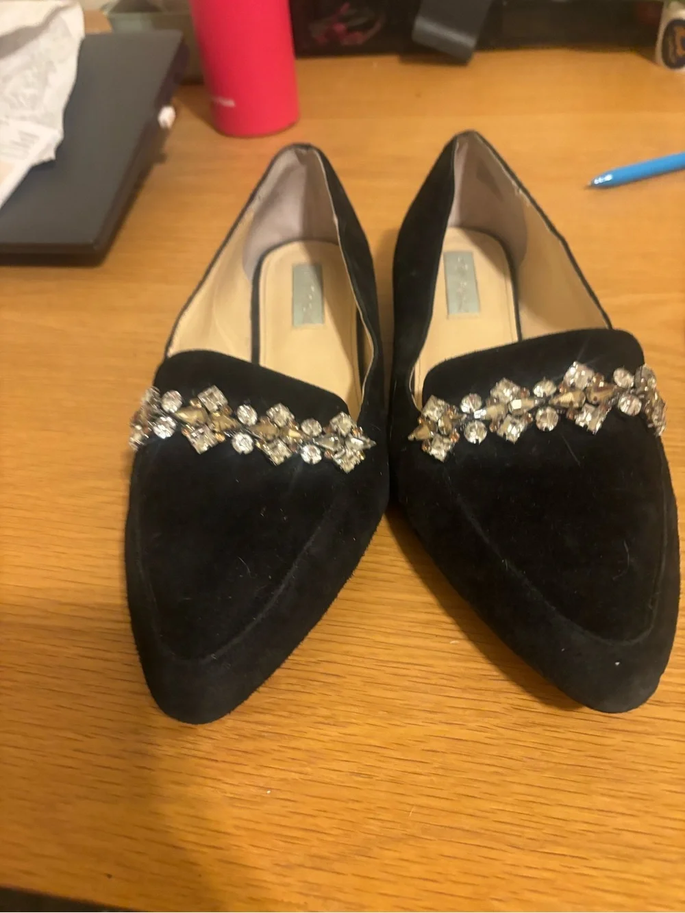 Betsey Johnson Black Pointed-Toe Flats with Crystal Embellishment